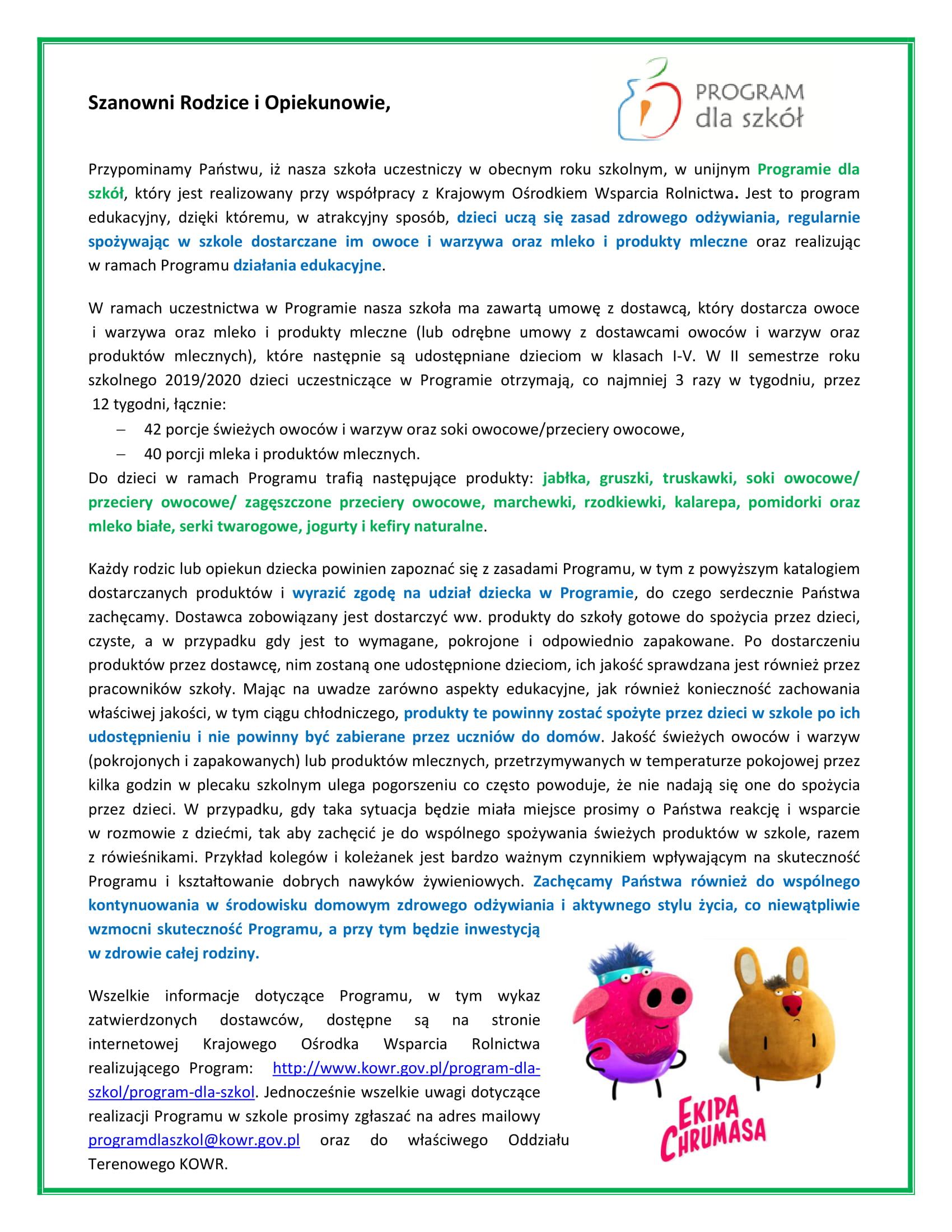 Program dla szkół Informacja dla rodziców 1